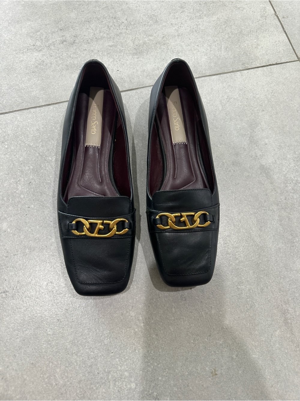 Franco Sarto Black Leather Chain-Accent Women's Loafers